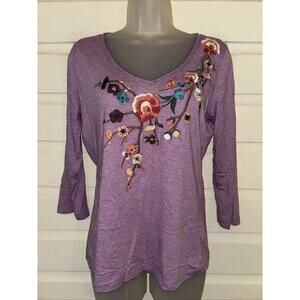 Garnet Hill Cotton/Modal 3/4 Sleeve Embroidered Pullover Top Size S